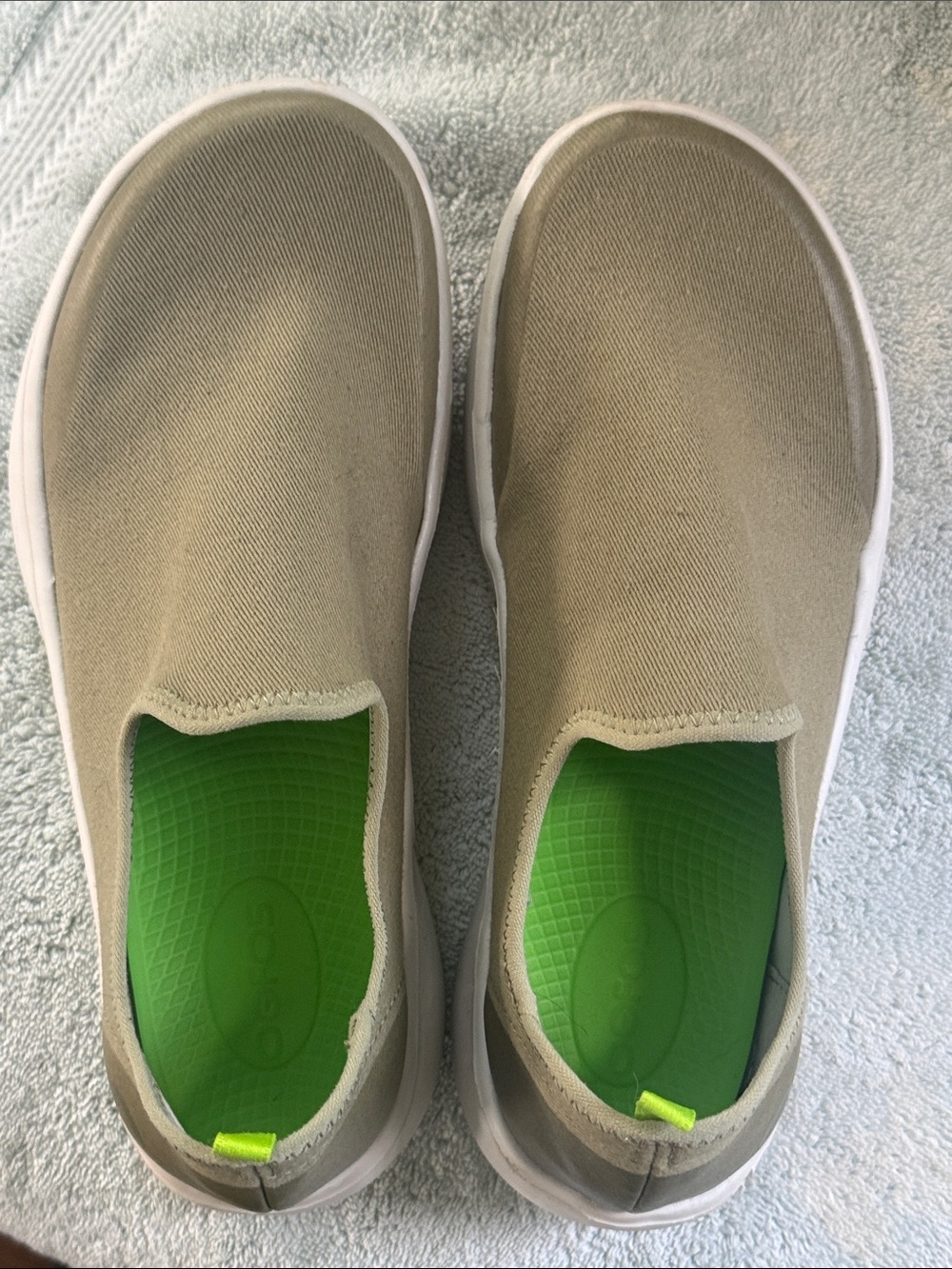 OOFOS Slip-On Sneakers in Olive with Lime Green Insoles